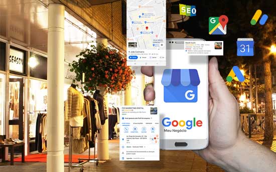 Tela do celular mostrando o logo do Google Meu Negócio dentro de um shopping center